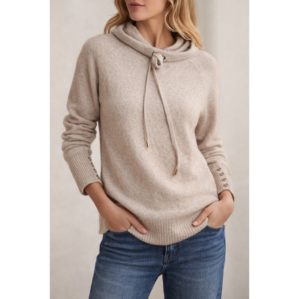 Cozy Neutral Hooded Sweater Soft Knit Pullover Minimalist Lounge Cream Beige TU‎